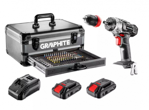 Graphite Energy+ set in aluminum case: drill/driver with removable chuck, 2 2.0Ah batteries, charger and 109 accessories