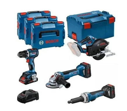 BOSCH. COMBO KIT 18V (GSR 18V-90C +GWS 18V-15 PSC +GKM 18V-50 +GGS 18V-23 PLC) 1xPC4,0Ah 2xPC5,5Ah ...