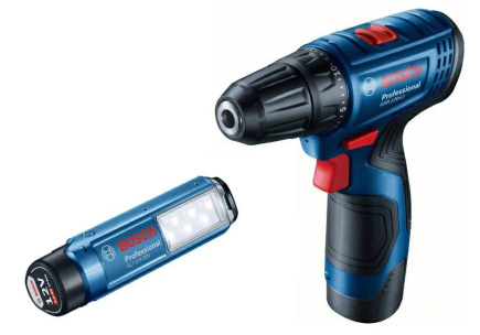 BOSCH. GSR 120-LI 2x2,0Ah 30/14Nm SCREWDRIVER +GLI 12V-300 LAMP CASE