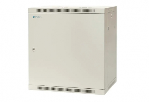 EMITERNET Single wall-mounted cabinet 19'' 12U, full sheet metal door, 600×450×635mm width/depth/height. EM/AP6412-B