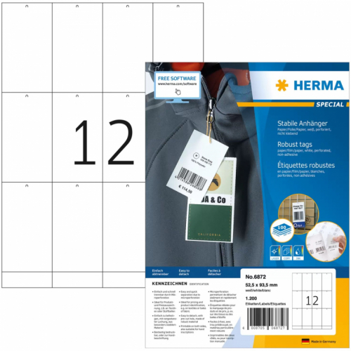 HERMA Anhäng. reißfest A4 52.5x93.5 mm weiß perf. 1200 St.