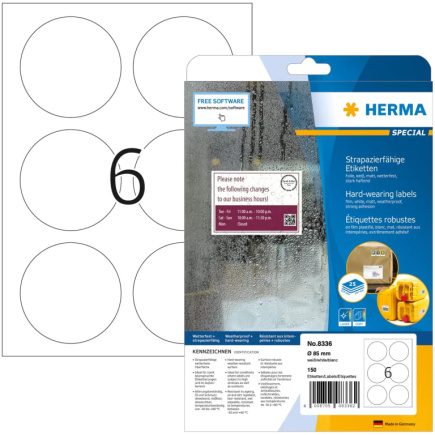 HERMA Schilder strapaz. A4 85 mm rund weiß Folie 150 St.