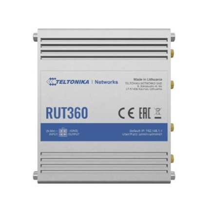 Industrial Cellular Router | RUT360 LTE CAT6 | 1 x LAN ports, 10/100 Mbps, compliance with IEEE 802.3, IEEE 802.3u standards, supports auto MDI/MDIX crossover Mbit/s | Ethernet LAN (RJ-45) ports 2 x RJ45 ports, 10/100 Mbps | Mesh Support No | MU-MiMO Yes