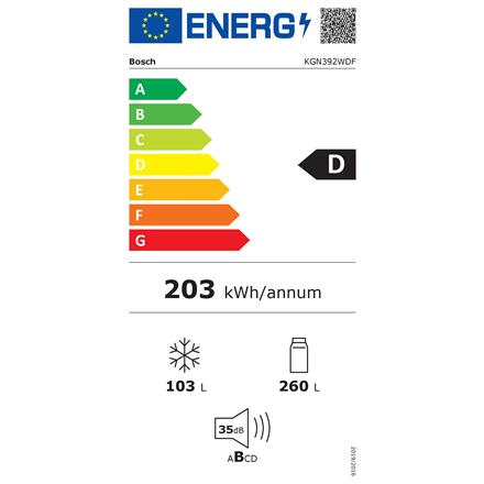 Bosch | Refrigerator | KGN392WDF Series 4 | Energy efficiency class D | Free standing | Combi | Height 203 cm | No Frost system | Fridge net capacity 260 L | Freezer net capacity 103 L | 35 dB | White