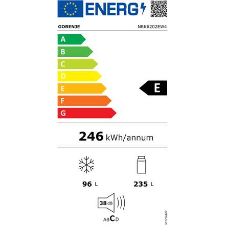 Gorenje Refrigerator | NRK6202EW4 | Energy efficiency class E | Free standing | Combi | Height 200 cm | No Frost system | Fridge net capacity 235 L | Freezer net capacity 96 L | Display | 38 dB | White