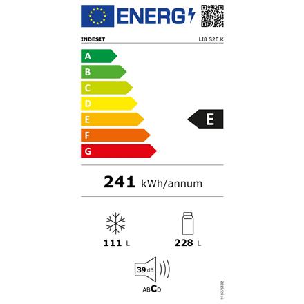 INDESIT | Refrigerator | LI8 S2E K | Energy efficiency class E | Free standing | Combi | Height 188.9 cm | Fridge net capacity 228 L | Freezer net capacity 111 L | 39 dB | Black