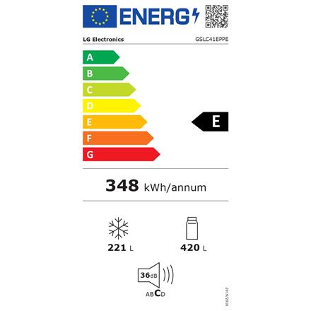 LG Refrigerator | GSLC41EPPE | Energy efficiency class E | Free standing | Side by side | Height 179 cm | Fridge net capacity 420 L | Freezer net capacity 221 L | Display | 36 dB | Black