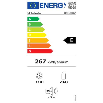 LG Refrigerator | GBV3100ESW | Energy efficiency class E | Free standing | Combi | Height 186 cm | No Frost system | Fridge net capacity 234 L | Freezer net capacity 110 L | Display | 35 dB | White