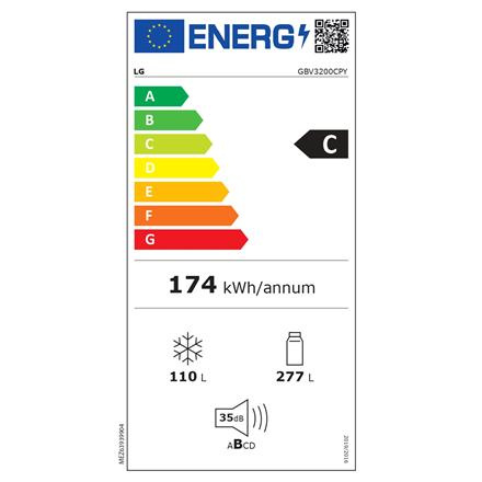 LG | Refrigerator | GBV3200CPY | Energy efficiency class C | Free standing | Combi | Height 203 cm | No Frost system | Fridge net capacity 277 L | Freezer net capacity 110 L | Display | 35 dB | Silver