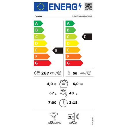 Candy Washing Machine with Dryer | CSHW 4645TW3/1-S | Energy efficiency class C/E | Front loading | Washing capacity 6 kg | 1400 RPM | Depth 45 cm | Width 60 cm | Display | Digit | Drying system | Drying capacity 4 kg | Steam function | White