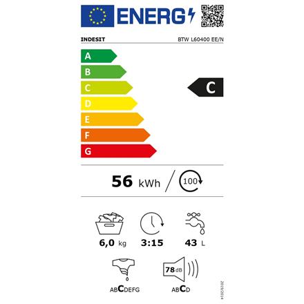 INDESIT | Washing machine | BTW L60400 EE/N | Energy efficiency class C | Top loading | Washing capacity 6 kg | 951 RPM | Depth 60 cm | Width 40 cm | White