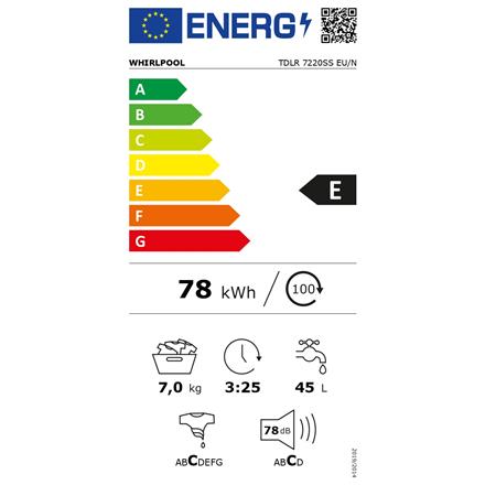 Whirlpool Washing Machine | TDLR 7220SS EU/N | Energy efficiency class E | Top loading | Washing capacity 7 kg | 1200 RPM | Depth 60 cm | Width 40 cm | LED | White