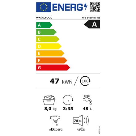 Whirlpool Washing Machine | FFB 8469 BV EE | Energy efficiency class A | Front loading | Washing capacity 8 kg | 1400 RPM | Depth 63 cm | Width 59.5 cm | Display | LED | Steam function | White