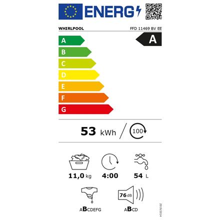 Whirlpool Washing machine | FFD 11469 BV EE | Energy efficiency class A | Front loading | Washing capacity 11 kg | 1400 RPM | Depth 60.5 cm | Width 59.5 cm | Display | LCD | Steam function | White