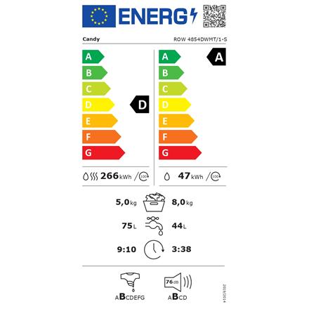 Candy Washing Machine with Dryer | ROW 4854DWMT/1-S | Energy efficiency class A/D | Front loading | Washing capacity 8 kg | 1400 RPM | Depth 53 cm | Width 60 cm | Display | LCD | Drying system | Drying capacity 5 kg | Steam function | Wi-Fi | White