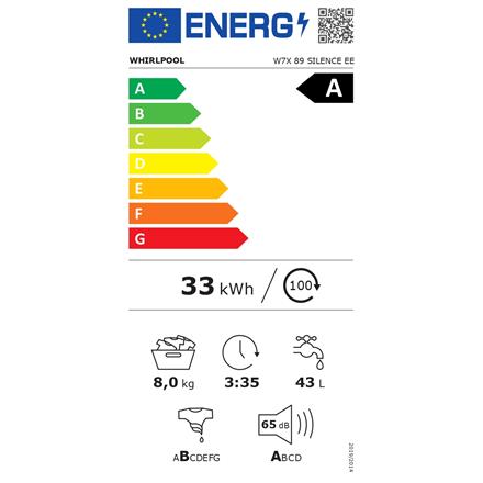 Whirlpool Washing machine | W7X 89 SILENCE EE | Energy efficiency class A | Front loading | Washing capacity 8 kg | 1400 RPM | Depth 61 cm | Width 60 cm | Display | LCD | White