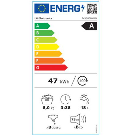 LG Washing Machine | F4X1008NWH | Energy efficiency class A | Front loading | Washing capacity 8 kg | 1400 RPM | Depth 56 cm | Width 60 cm | Display | LCD | Steam function | Direct drive | Wi-Fi | White