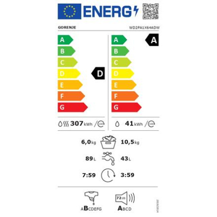 Gorenje Washing Machine with Dryer | WD2PA1X64ADW | Energy efficiency class A/D | Front loading | Washing capacity 10.5 kg | 1400 RPM | Depth 59 cm | Width 60 cm | Display | LED | Drying system | Drying capacity 6 kg | Steam function | Wi-Fi | White