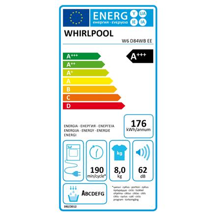 Whirlpool Dryer Machine with Heat Pump | W6 D84WB EE | Energy efficiency class A+++ | Front loading | 8 kg | LCD | Depth 65.6 cm | White