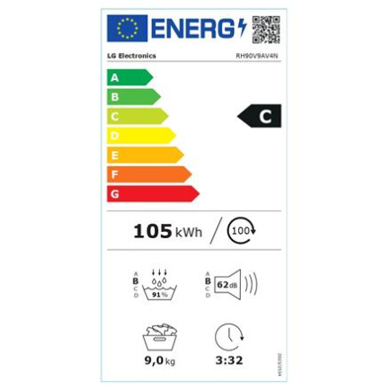 LG Dryer Machine | RH90V9AV4N | Energy efficiency class C | Front loading | 9 kg | LED | Depth 66 cm | Wi-Fi | Valge