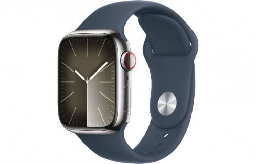 Apple Watch Series 9 GPS + Cellular 41mm Silver Stainless Steel Case with Storm Blue Sport Band - S/M