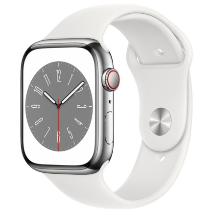 Apple Watch Series 8 GPS + Cellular, Sport Band, 45mm, hõbedane roostevaba teras / valge - Nutikell / MNKE3EL/A