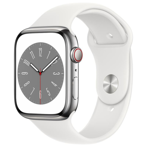 Apple Watch Series 8 GPS + Cellular, Sport Band, 45mm, hõbedane roostevaba teras / valge - Nutikell / MNKE3EL/A