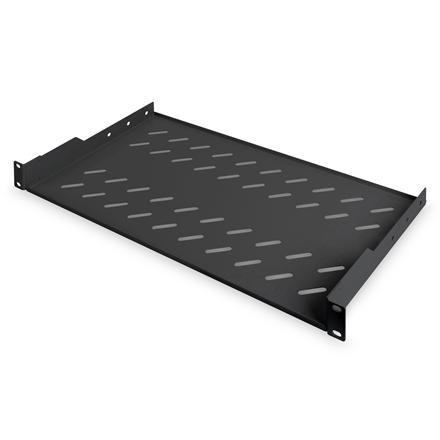 Digitus | Fixed Shelf for Racks | DN-19 TRAY-1-SW | Black | The shelves for fixed mounting can be installed easy on the two front 483 mm (19“) profile rails of your 483 mm (19“) network- or server cabinet. Due to their stable, perforated steel sheet with