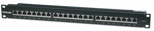 Intellinet Patch Panel, Cat6, FTP, 24-Port, 1U, Shielded, 90° Top-Entry Punch-Down Blocks, Black