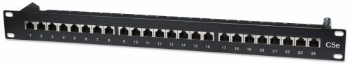Intellinet Patch Panel, Cat5e, FTP, 24-Port, 1U, Shielded, 90° Top-Entry Punch-Down Blocks, Black