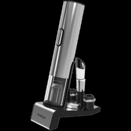Prestigio Garda, smart wine opener, simple operation with 2 buttons, aerator, vacuum stopper preserver, foil cutter, opens up to 50 bottles wihout recharging, premium design, 500mAh battery, Dimensions D 17mm* H 290mm* W100 mm, silver color.