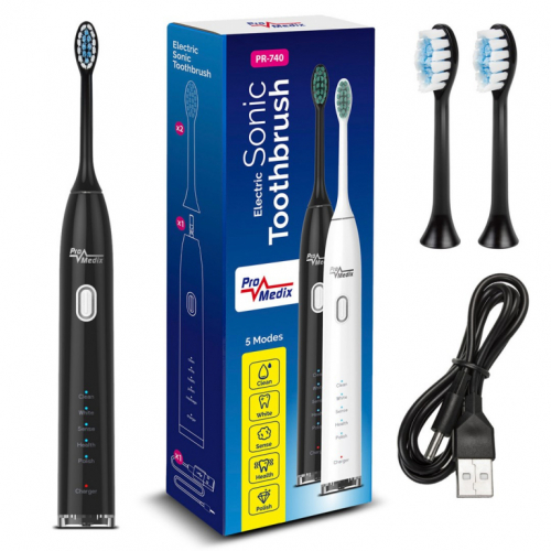 Promedix sonic toothbrush, black color, 5 modes, timer, level indicator battery, 2 ends, USB cable, P