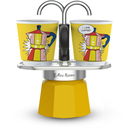 Bialetti Espressokocher Set Mini Express Lichtenstein + 2 Espressobecher