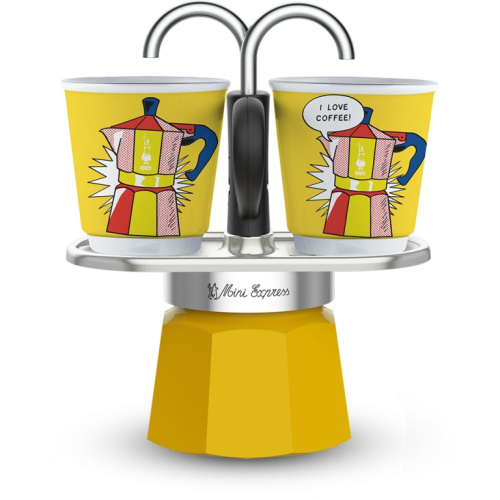 Bialetti Espressokocher Set Mini Express Lichtenstein + 2 Espressobecher