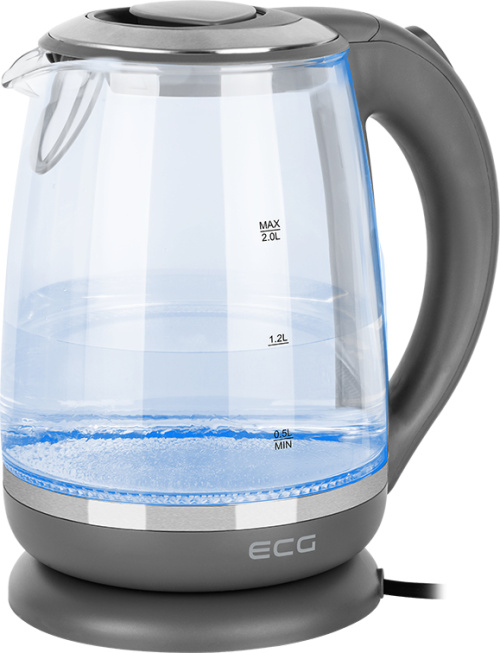 ECG Electric Veekeetja RK 2020 Grey Glass, 2 L, 360° base with power cord storage, Blue backlight, 1850-2200 W
