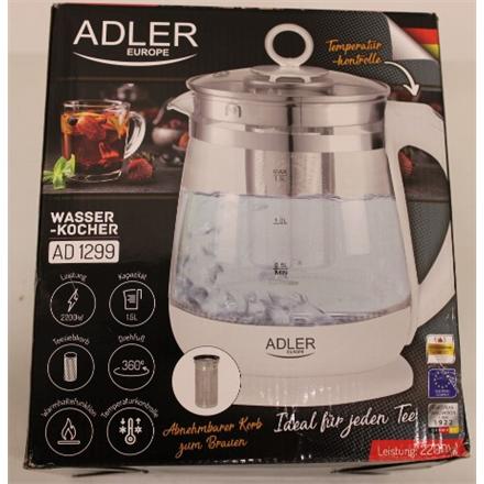 Taastatud. Adler AD 1299 Veekeetja with Temperature Control and Tea Infuser, Electric, Power 2200W, Capacity 1.5 L, White | Adler | Veekeetja | AD 1299 | Electric | 2200 W | 1.5 L | Glass/Stainless steel | 360° rotational base | White | DAMAGED PACKAGING