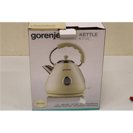 Taastatud. Gorenje K17CLI Veekeetja, Electric, 1.7 L Power 2200 W, Plastic material, Cream | Gorenje | K17CLI | Standard | 2200 W | 1.7 L | Plastic/ metal | 360° rotational base | Cream | DAMAGED PACKAGING