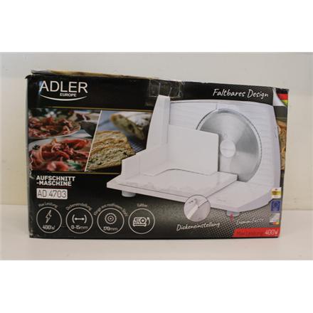 Taastatud. Adler AD 4703 Food Slicer, Electric, Power 150 W, White | Adler | Food Slicer | AD 4703 | White | 150 W | DAMAGED PACKAGING