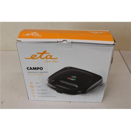 Taastatud. ETA ETA415190010 Campo Sandwich maker, 750 W, Black | ETA Sandwich maker | ETA415190010 | 750 W | Number of plates 1 | Number of pastry 2 | Black | DAMAGED PACKAGING