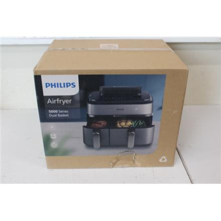 Taastatud. Philips NA555/00 Dual Basket Airfryer 5000 Series, 9 L, Stainless Steel/Black | Philips Dual Basket Airfryer | NA555/00 5000 series | Power 2750 W | Capacity 9 L | RapidAir Plus | Silver | DAMAGED PACKAGING