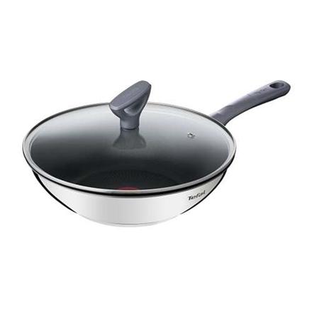 TEFAL Wok Pan | G7309955 Daily Cook | Wok | Diameter 28 cm | Suitable for induction hob | Lid included | Fixed handle | Grey