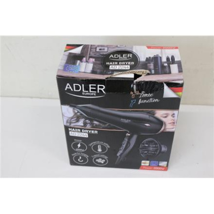 Taastatud. Adler AD 2244 Hair Dryer, 2000W, 2 speed settings, 3 temperature settings, AC motor, black | Adler Hair Dryer | AD 2244 | 2000 W | Number of temperature settings 3 | Ionic function | Diffuser nozzle | Black | DAMAGED PACKAGING