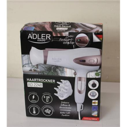 Taastatud. Adler AD 2248 Hair Dryer, 2400 W, 2 speed settings, 3 temp settings, White | Adler Hair Dryer | AD 2248 | 2400 W | Number of temperature settings 3 | Ionic function | Diffuser nozzle | White | DAMAGED PACKAGING