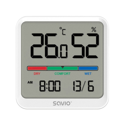 SAVIO Wireless weather station, temperature and humidity sensor, for indoor use, LCD screen, clock, date, handle with magnet, CT-01/W Valge SAVIO Wireless weather station, temperature and humidity sensor, for indoor use, LCD screen, clock, date, handle with magnet, CT-01/W Valge