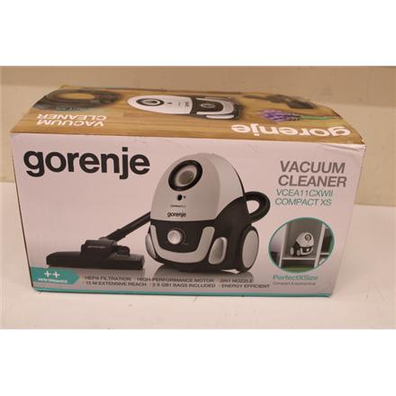 Renew. Gorenje VCEA11CXWII Vacuum cleaner, Bagged, Power 750 W, White | Gorenje | Vacuum cleaner | VCEA11CXWII | Bagged | 750 W | Operating radius 15 m | White | Warranty 22 month(s) | DAMAGED PACKAGING