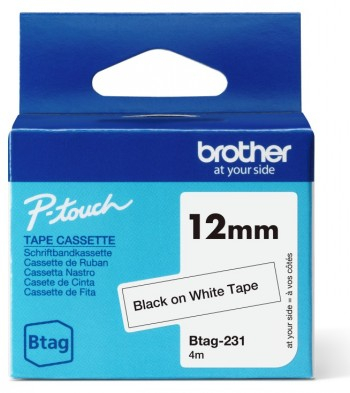 BROTHER BTAG231 12MM BLACK ON WHITE TAPE