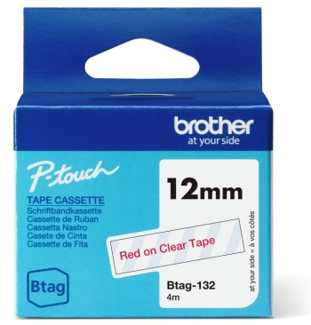 BROTHER BTAG132 12MM RED ON CLEAR TAPE