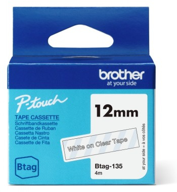 BROTHER BTAG135 12MM WHITE ON CLEAR TAPE