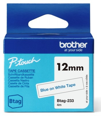 BROTHER BTAG233 12MM BLUE ON WHITE TAPE