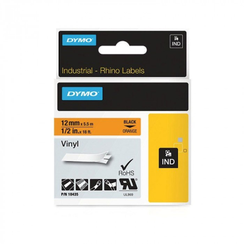 Dymo 18435 12mm x 5.5m orange/black printed vinyl tape